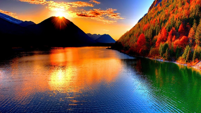 sunny, coastline, scene, seascape, outdoors, holiday, natural, cloud - sky, sunrise, tree, sunlight, tranquil scene, beauty in nature, mountains, lake