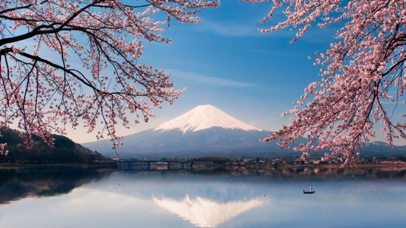 sky, japan, outdoors, beauty in nature, snowcapped mountain, tranquil scene, scenics - nature, water, springtime, cherry blossom, mountain, idyllic, lake