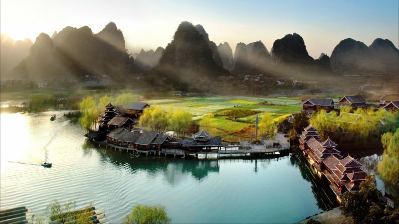 landscape, tranquility, scenics - nature, asia, travel destinations, built structure, guilin, lake, water, architecture, dawn, reflection, tourist attraction