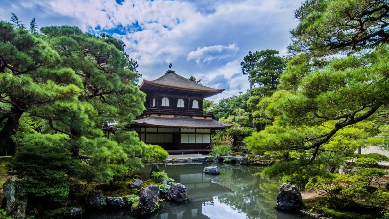 vegetation, japan, temple, landscape, pagoda, day, place of worship, outdoors, buddhist temple, building exterior, nature, plant, cloud - sky, sky, built structure