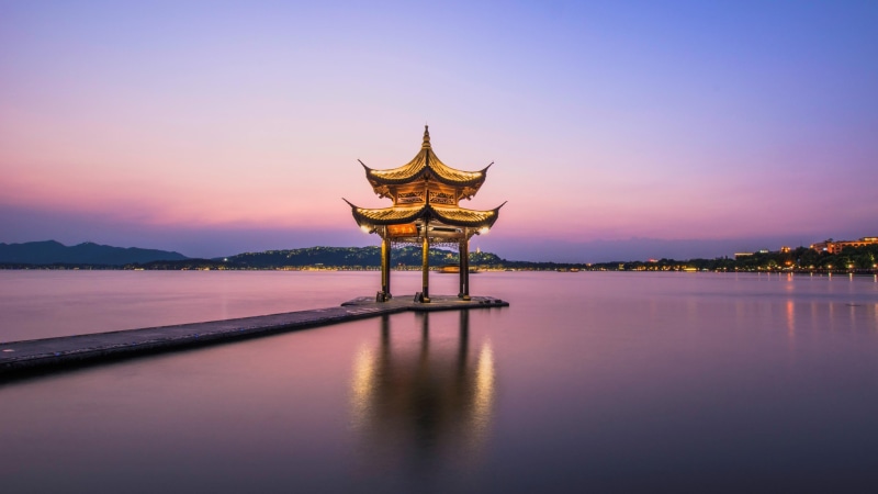 china, pagoda, sunrise, built structure, dawn, beauty in nature, scenics - nature, landmark, tranquil scene, sky, west lake, hangzhou, no people, zhejiang