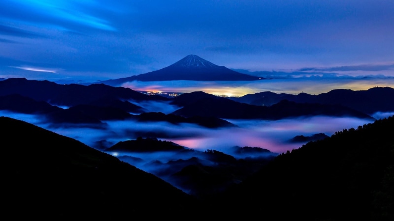 honshu, dawn, no people, mount fuji, cloud, volcano, mountain range, asia, scenics - nature, sky, horizon, dusk, beauty in nature, night, stratovolcano