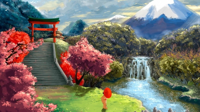 japan, japanese, outdoors, tranquil scene, 1080P, mount scenery, beauty in nature, landscape, garden, tranquility, spring, day, non-urban scene, men, painting art