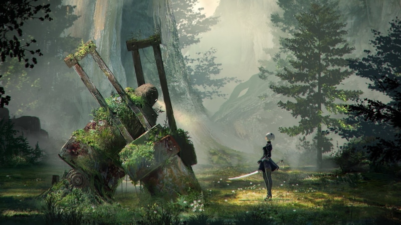  Girl, 1080P, NieR: Automata, Headband, Video Game, game, Katana, Black Dress, Sword, YoRHa No.2 Type B, application, Forest, Grass, Robot, High Heels