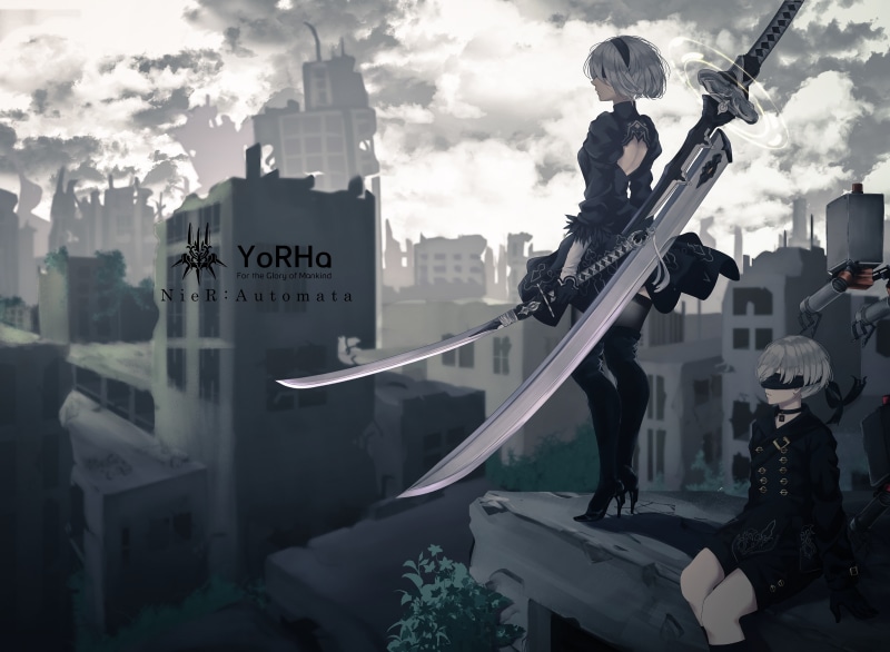 Dress, Video Game, Boy, Short Hair, Katana, YoRHa No.2 Type B, YoRHa No.9 Type S, Headband, 4K, Black Dress, High Heels, Weapon, Sword, NieR: Automata