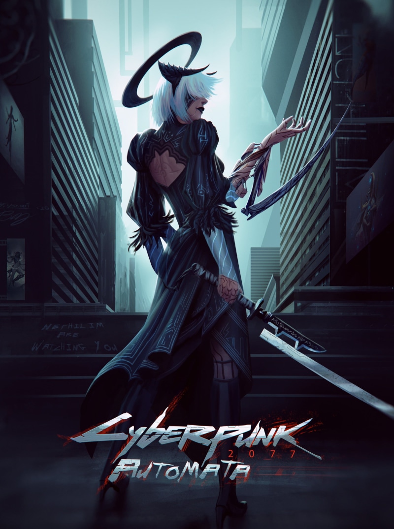 white hair, digital art, horns, back, cyborg, cyberpunk, dress, video game girls, standing, Cyberpunk 2077, artwork, drawing, from behind, short hair, video game art