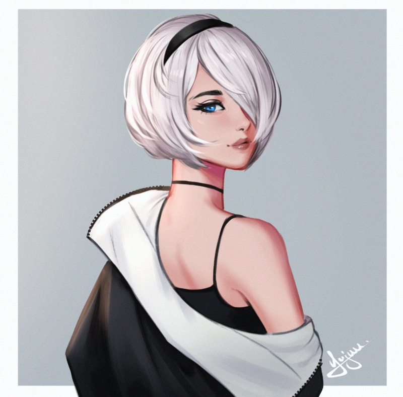 2B (Nier: Automata), 2B, Nier: Automata, fan art, YoRHa 2B, digital art, jacket, white hair, 1080P, video games girls, black jackets, blue eyes, illustration