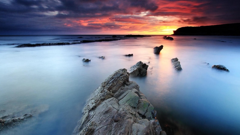 sky, tranquility, long exposure, sea, scenics - nature, 1080P, rock, no people, idyllic, sunset, water, rock - object, land, beauty in nature, windows