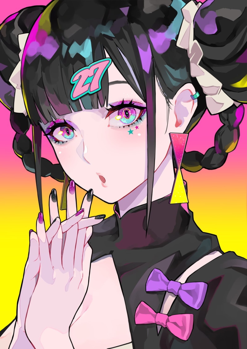 2D, women, looking at viewer, 720P, colorful, painted nails, LAM, anime girls, numbers, simple background, digital art, face, illustration, artwork, original