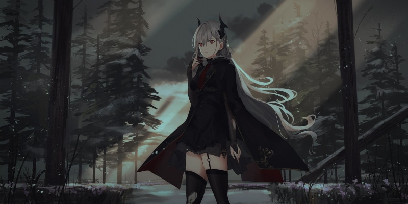 looking at viewer, digital art, trees, women, red eyes, artwork, 1080P, 2D, anime, anime girls, drawing, black stockings, illustration, uniform, coats