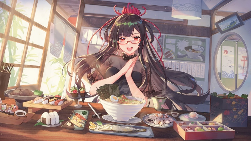 black clothing, Onmyouji, fan art, digital art, restaurant, artwork, red eyes, happy, portrait, sushi, drawing, ramen, anime, long hair, 2D, brunette, Atdan