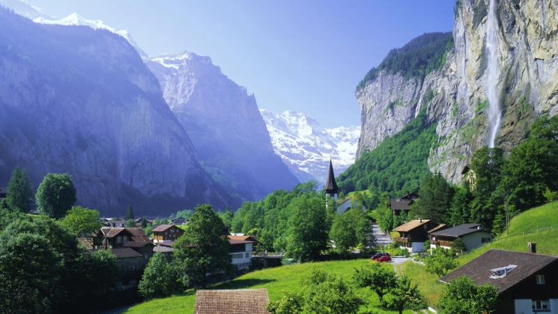 river, natural depression, valley, rock, range, peak, ravine, meadow, outdoors, grass, nature, waterfall, beauty in nature, no people, stone, house, summer