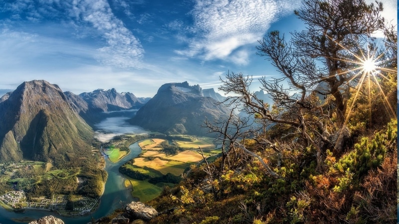 fall, lake, plant, tree, cloud, national, mountain range, 1080P, non-urban scene, peak, tranquility, cloud - sky, hill, panorama, grass, water, formation