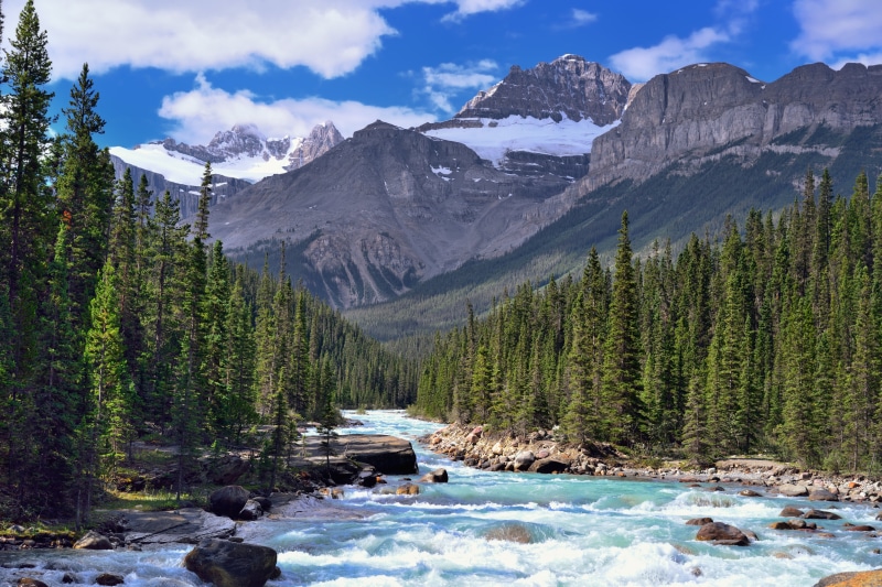 Pro  Day, Mount Sarbach, Icefields Parkway, Mistaya River, beside, Backdrop, snowy mountain, outdoors, SSW, Canadian Rockies, Rapids, national, Canvas