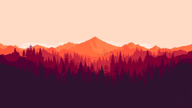 orange, Firewatch, forest, 2K, minimalism, pine trees, red