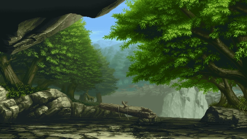 d, water, waterfall, art, pixel art, forest, non-urban scene, day, plant, scenics - nature, nature, land, 1080P, pixelated, sunlight, no people, flowing water