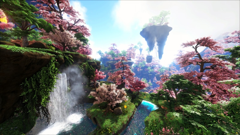 water, beauty in nature, falling water, 2K, rock - object, ark, plant, motion, cherry blossom, power in nature, photo, tree, Ark: Survival Evolved, no people