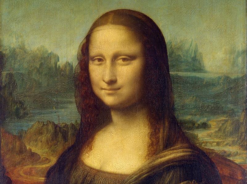 textured effect, young adult, monalisa, hairstyle, painting, contemplation, vinci, looking at camera, adult, front view, lisa, real people, hair, headshot