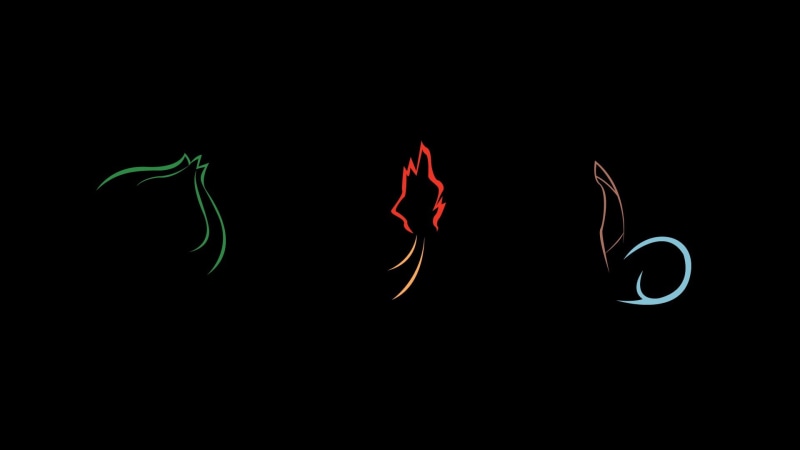 animal wildlife, multi colored, nature, studio shot, illustrations, communication, dark, red, Squirtle, Charmander, Bulbasaur, black background, creativity