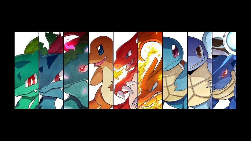 illustration, panels, in a row, pokemon, day, Pokémon, wall, human representation, built structure, evolution, black background, black, close-up, female likeness