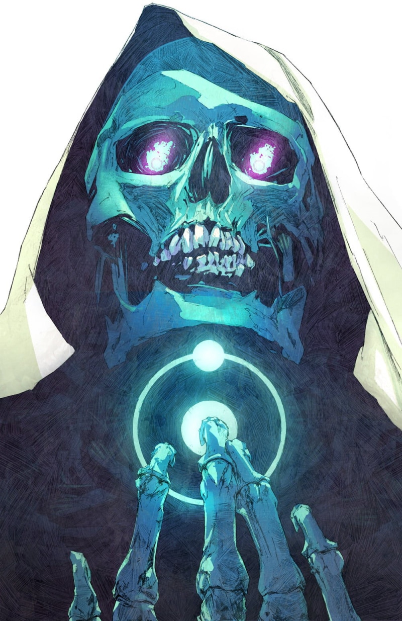 illustration, digital art, skeleton, 720P, teeth, white, digital, violet, lights, turquoise, drawing, Chun Lo, artwork, skull, blue, vertical, dead