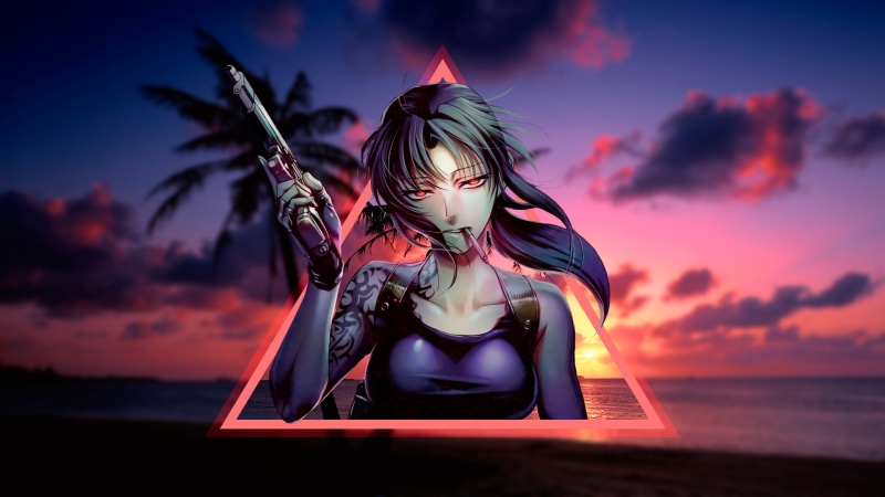 sun rays, 1080P, Revy, anime girls, Black Lagoon, palm trees, pistol, Pacific Ocean