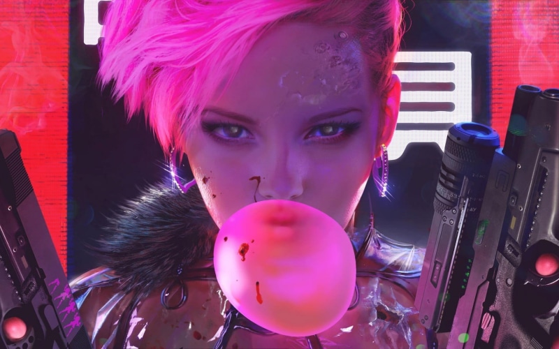 dyed hair, girls with guns, cyberpunk, pink color, hairstyle, pistols, front view, looking at camera, women, two, portrait, holding, futuristic
