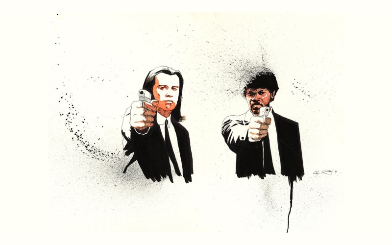 fan art, 1080P, pistols, studio shot, movies, John Travolta, indoors, standing, Quentin Tarantino, real people, clip, portrait, white background, togetherness