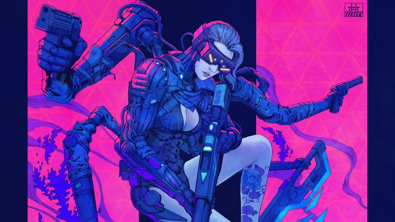 digital, futuristic, cyborg, digital art, fantasy girl, science fiction, cyberpunk, gun, 4K, armor, weapon, concept art, cyber, neon, futuristic armor
