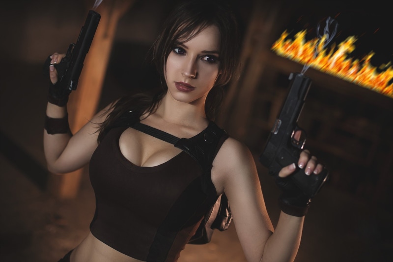 Photoshop, Woman, 1080P, Purple Eyes, Tomb Raider, Gun, Women, Pistol, Lara Croft, Enji Night, Cosplay, Brunette