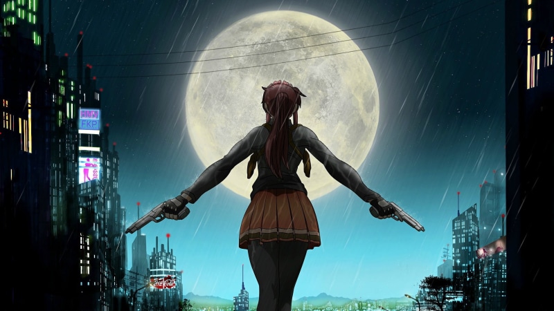 looking at view, three quarter length, incidental people, 1080P, anime, Black Lagoon, building exterior, standing, city life, Revy, real people, architecture