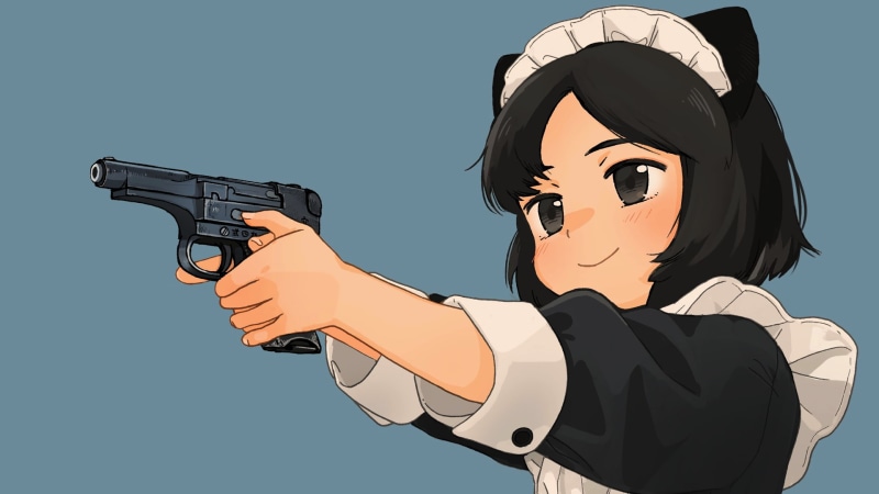 dark hair, cat ears, 1080P, anime, pistol, girls with guns, nekomimi, short hair, gun, manga, maid, anime girls, minimalism, simple background