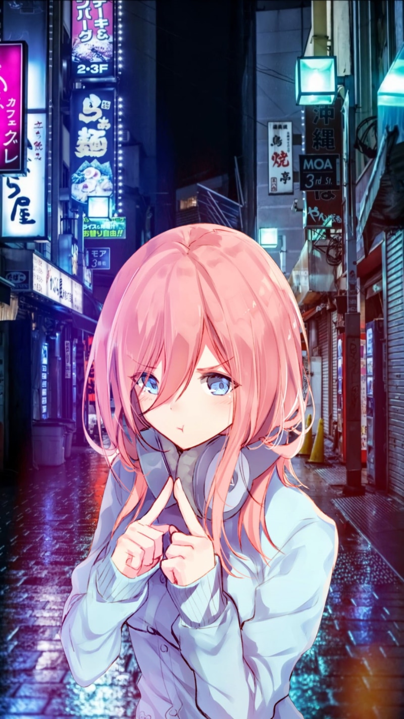 anime girls, phone, landscape, waifu2x, Nakano Miku, 1080P, anime, 5-toubun no Hanayome