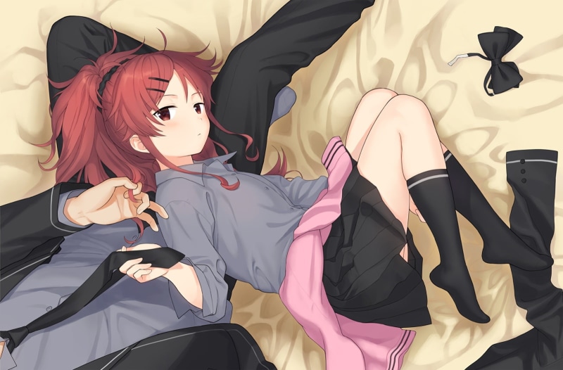 shirt, code, ponytail, tie, suit, konachan, eyes, seifuku, kneehighs, hair, red, 252397, kasumi, asami, bow, asuha, sekiya, skirt, qualidea, 720P, com