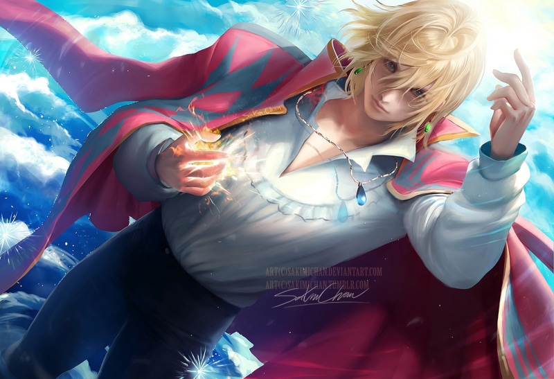 sky, howl, waifu2x, hair, realistic, 235705, eyes, konachan, all, magic, com, aqua, watermark, moving, clouds, sakimichan, short, blonde, signed, 720P