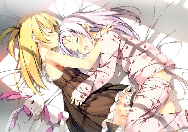 large group of objects, pattern, fangs, studio shot, hugging, creativity, indoors, blonde, white background, 720P, waifu2x, pyjamas, loli, representation