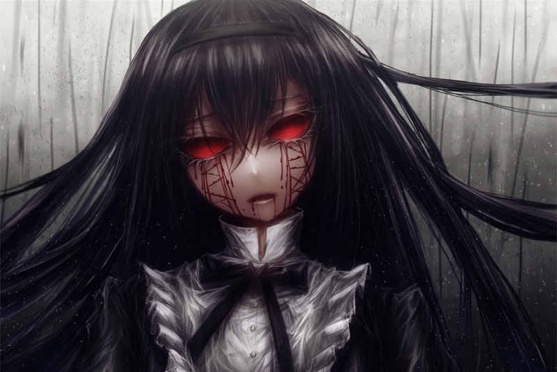 headband, homulilly, waifu2x, lolita, fashion, homura, akemi, blood, hair, black, close, long, lastdark, gothic, 720P, eyes, tie, red, goth-loli