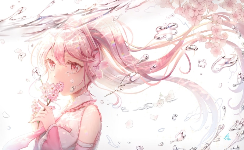 long, waifu2x, underwater, tie, pink, vocaloid, hatsune, (artist), twintails, water, sakura, 1080P, konachan, eyes, com, flowers, tagme, bubbles, 241644