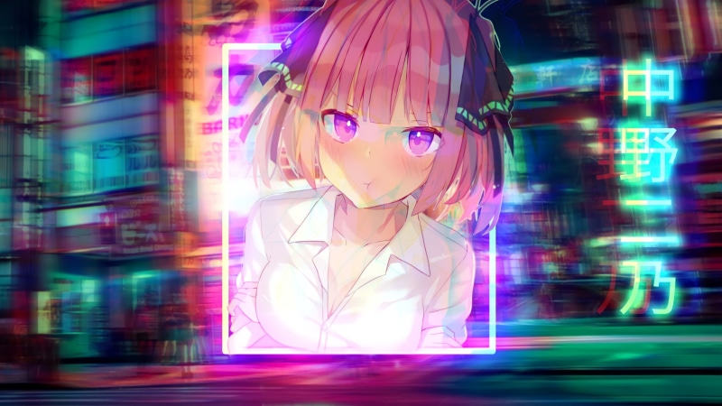 city, anime girls, Nakano Nino, neon, waifu2x, 4K, 5-toubun no Hanayome