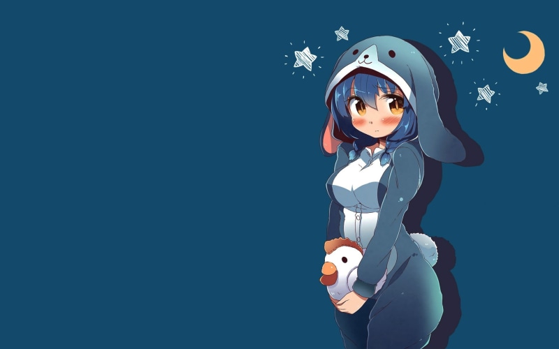 women, waifu2x, contemplation, wearing, happiness, studio shot, woman, dog, eyes, blue background, blue, kigurumi, Moon, looking, twintails, bunny ears