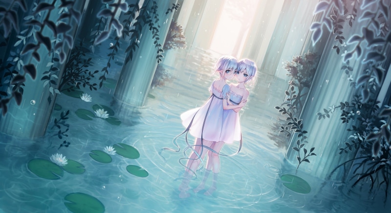 rain, women, plant, 1080P, white hair, representation, animae, digital composite, indoors, female, plants, white dress, celebration, nature, curtain, ribbon
