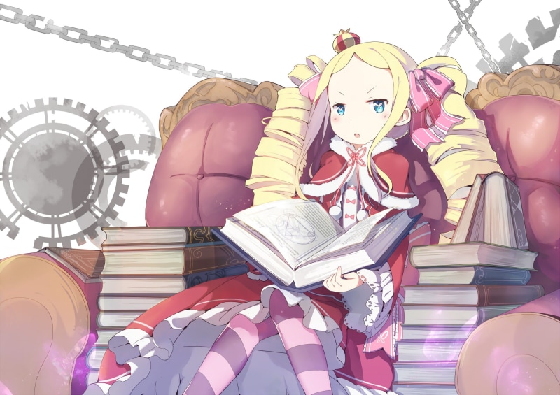 lolita fashion, anime girls, books, blonde, waifu2x, crown, loli, chains, cape, striped socks, anime, twintails, Re:Zero Kara Hajimeru Isekai Seikatsu