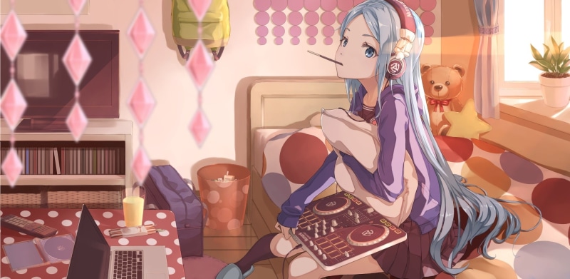 pocky, teddy, bear, long, blue, computer, waifu2x, hoodie, 1080P, food, hair, seifuku, headphones, hyp, drink, com, konachan, bed, gray, kneehighs, 241691