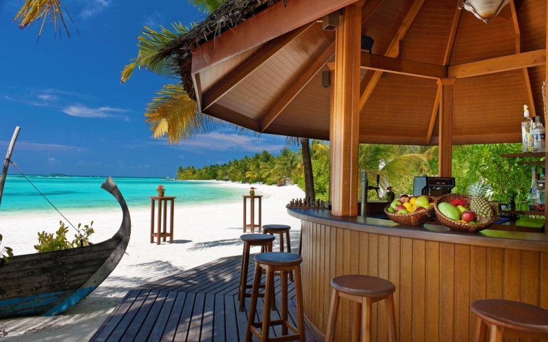 bar, sea, beach, blue sky, summer, wooden, landscape, ocean, cottage, brown, 1080P