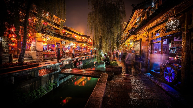 street view, bar, darkness, street, city, lighting, china, evening, lijiang, old town, reflection, sky, asia, 4K, yunnan, cityscape, night