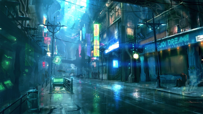 building exterior, motor vehicle, photo, urban Scene, incidental people, futuristic, rain, night, car, light, two, direction, blue, built Structure, rainy season