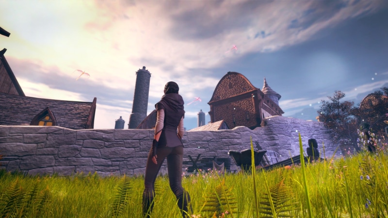 standing, shorts, grass, sky, built structure, building exterior, video games, plaid, cloud - sky, rear view, white, building, casual clothing, leisure activity