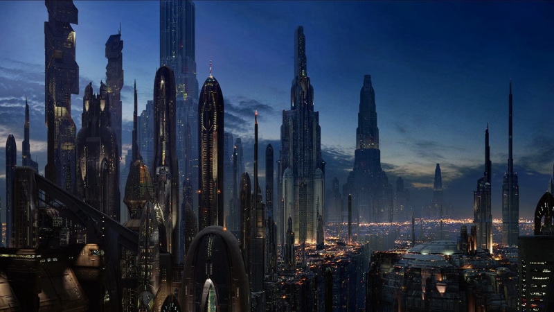 tall - high, travel destinations, sky, city, office building exterior, illuminated, panoramic, Star Wars, still, building, building exterior, spire, skyscraper