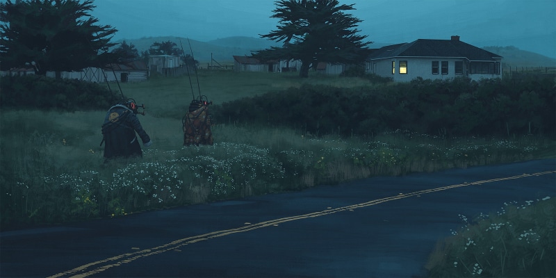 science fiction, apocalyptic, cyberpunk, Simon Stålenhag, digital painting, Robots, robot, 2K