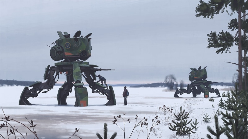 day, land, field, artwork, plant, sky, Simon Stålenhag, green, 1080P, illustration, scenics - nature, no people, covering, white color, winter, non-urban scene
